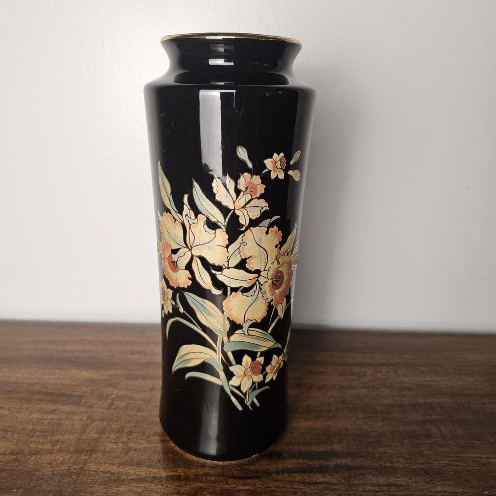 Vintage “Action” 11 In. Vase (Japan) Black w/Flowers, Gold Detail